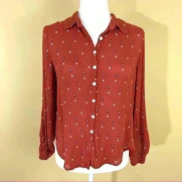 Francesca Harper 100% Rayon Burnt Orange Floral Button Down Shirt Size XXS - Picture 1 of 10